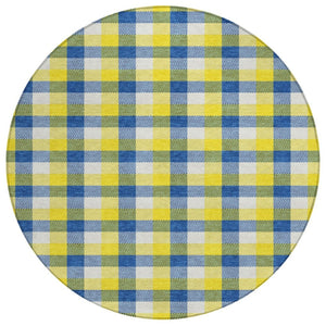 HomeRoots 5' Classic Yellow Blue Beige Plaid Washable Area Rug for Indoor Outdoor Spaces, Durable & Stylish 8' Round 601448