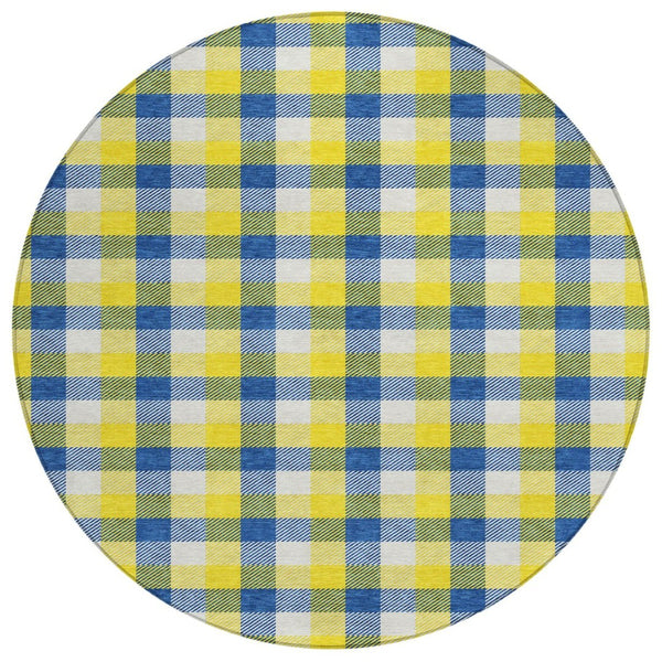 HomeRoots 5' Classic Yellow Blue Beige Plaid Washable Area Rug for Indoor Outdoor Spaces, Durable & Stylish 8' Round 601448