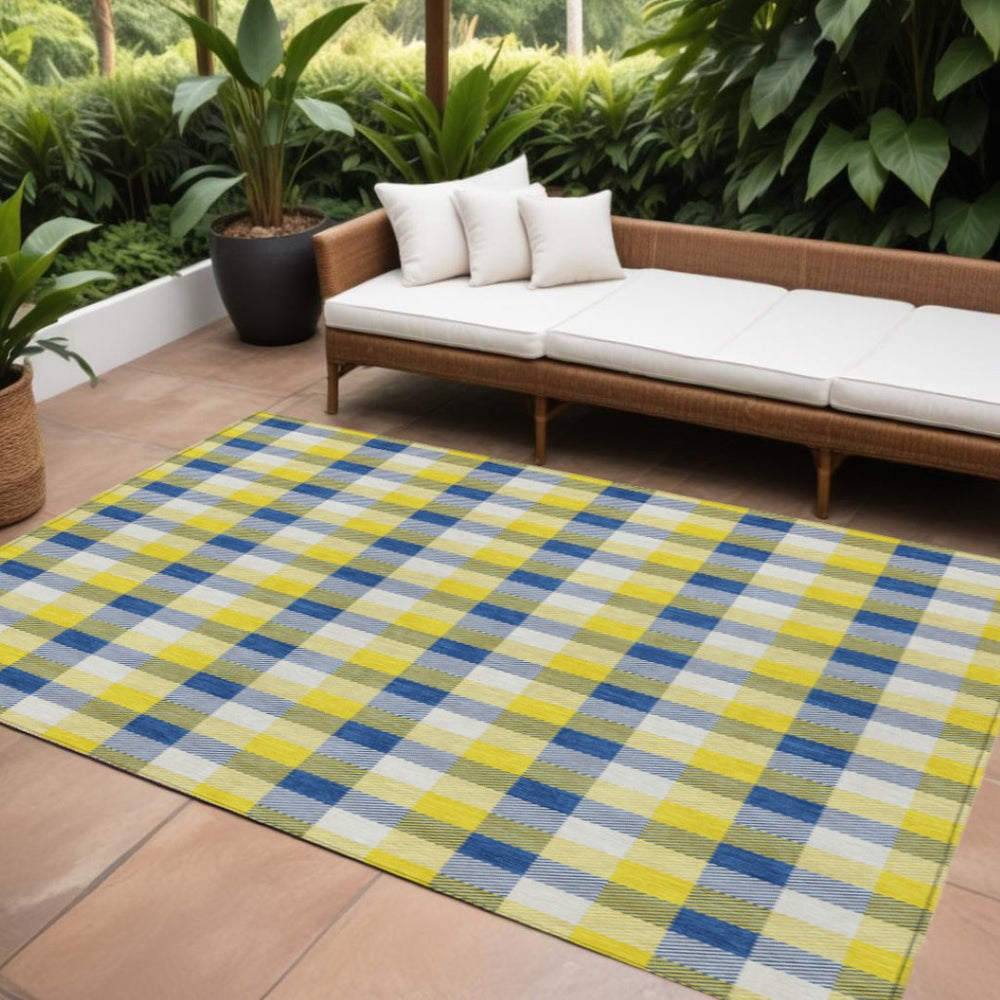 HomeRoots 9' X 12' Washable Plaid Area Rug in Yellow, Blue & Beige - Stylish, Durable for Indoor & Outdoor Use 601450