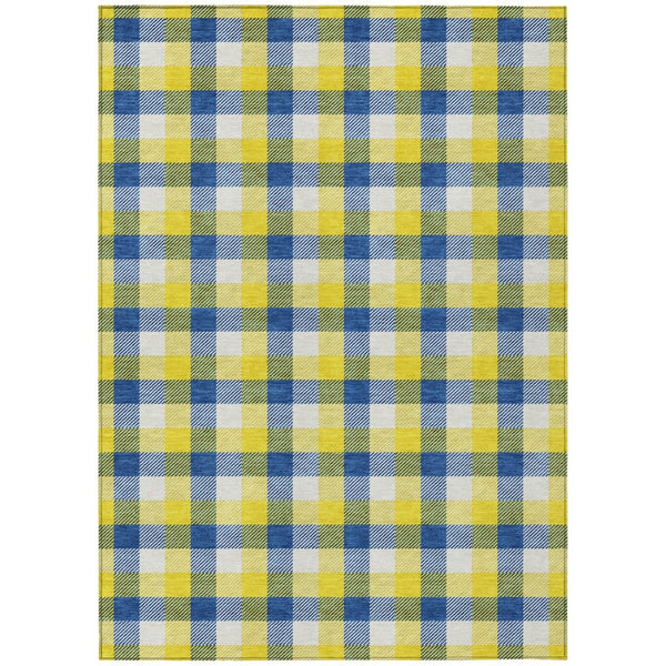 HomeRoots 5' Classic Yellow Blue Beige Plaid Washable Area Rug for Indoor Outdoor Spaces, Durable & Stylish 10' X 14' 601451