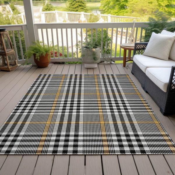 Homeroots 3' Stylish Black Gold & Ivory Plaid Washable Rug - Perfect For Indoor & Outdoor High Traffic Areas 3' X 5' Polyester 601452