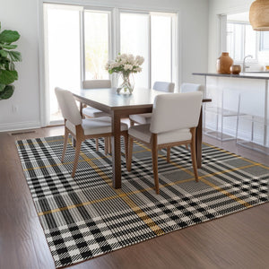 Homeroots 3' Stylish Black Gold & Ivory Plaid Washable Rug - Perfect For Indoor & Outdoor High Traffic Areas 3' X 5' Polyester 601452