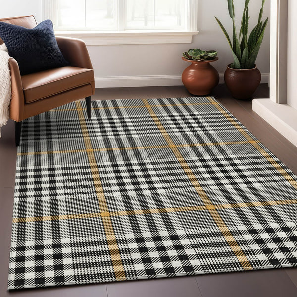 Homeroots 3' Stylish Black Gold & Ivory Plaid Washable Rug - Perfect For Indoor & Outdoor High Traffic Areas 5' X 8' Polyester 601453