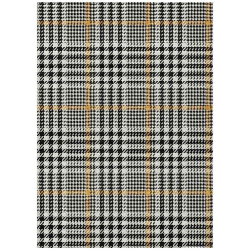 HomeRoots 9' X 12' Washable Black, Gold & Ivory Plaid Area Rug for Indoor/Outdoor High-Traffic Spaces 601456