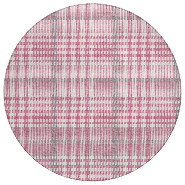 HomeRoots 5' Stylish Blush Gray and Ivory Plaid Washable Area Rug for Indoor and Outdoor Spaces, Durable Design 8' Round 601460