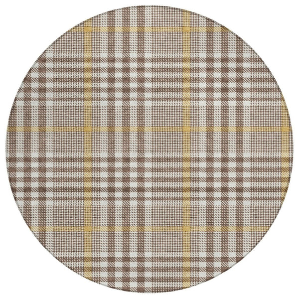 HomeRoots 5' Brown and Beige Plaid Area Rug - Stylish, Washable, Durable for Indoor and Outdoor Living Spaces 8' Round 601466