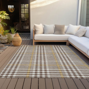 Homeroots 3' Stylish Black Gold & Ivory Plaid Washable Rug - Perfect For Indoor & Outdoor High Traffic Areas 8' X 10' Polyester 601467