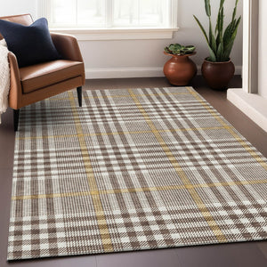 Homeroots 3' Stylish Black Gold & Ivory Plaid Washable Rug - Perfect For Indoor & Outdoor High Traffic Areas 10' X 14' Polyester 601469