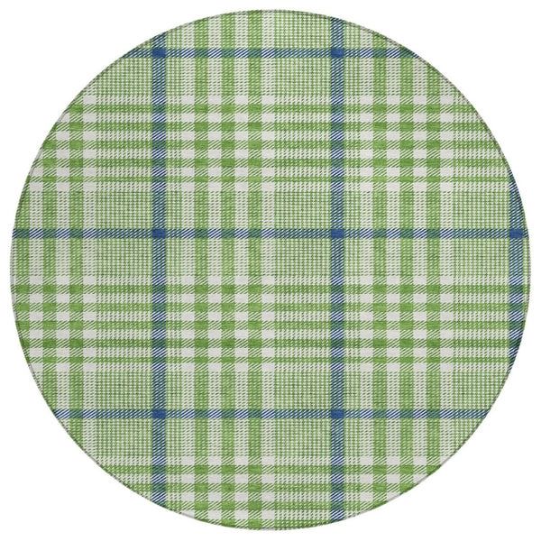 HomeRoots 5' Green and Ivory Plaid Washable Area Rug - Stylish, Durable, Indoor/Outdoor Design for Any Space 8' Round 601472