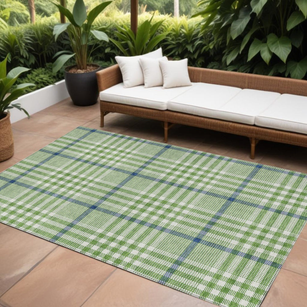 HomeRoots 5' Green and Ivory Plaid Washable Area Rug - Stylish, Durable, Indoor/Outdoor Design for Any Space 10' X 14' 601475