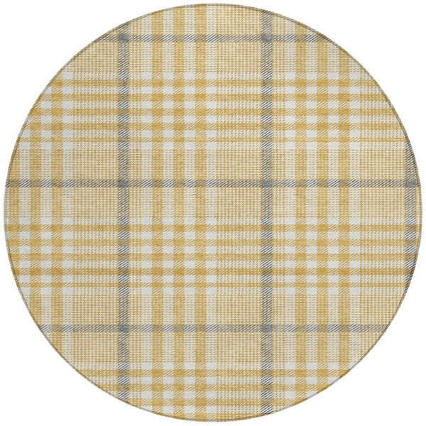 Homeroots 3' Stylish Black Gold & Ivory Plaid Washable Rug - Perfect For Indoor & Outdoor High Traffic Areas 8' Round Polyester 601478
