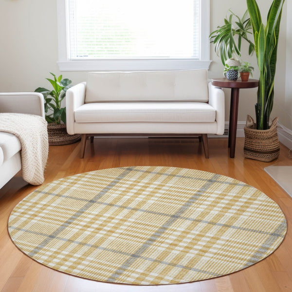 Homeroots 3' Stylish Black Gold & Ivory Plaid Washable Rug - Perfect For Indoor & Outdoor High Traffic Areas 8' Round Polyester 601478