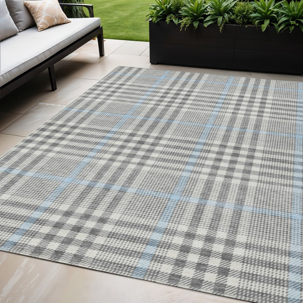 HomeRoots 5' Washable Plaid Area Rug in Gray, Blue, and Beige – Durable Indoor/Outdoor Flooring Solution 5' X 8' 601483