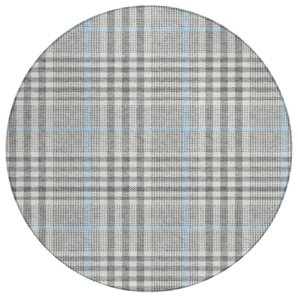 HomeRoots 5' Washable Plaid Area Rug in Gray, Blue, and Beige – Durable Indoor/Outdoor Flooring Solution 8' Round 601484