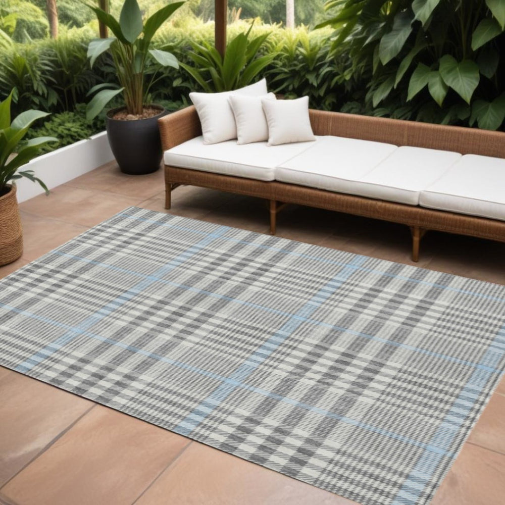 HomeRoots 9' X 12' Washable Gray Blue & Beige Plaid Area Rug - Stylish, Durable, Perfect for Indoor & Outdoor Use 601486