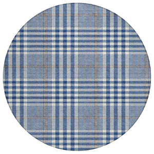 HomeRoots 5' Durable Navy Blue, Ivory, and Brown Plaid Area Rug - Washable, Stylish for Indoor & Outdoor Use 8' Round 601490
