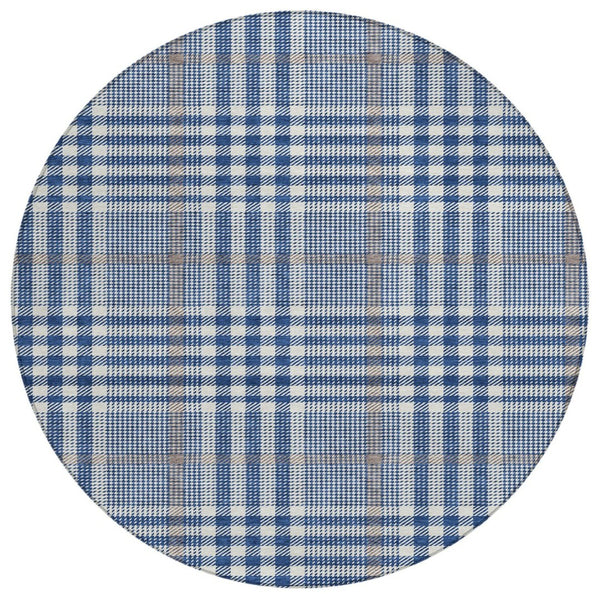 HomeRoots 5' Durable Navy Blue, Ivory, and Brown Plaid Area Rug - Washable, Stylish for Indoor & Outdoor Use 8' Round 601490