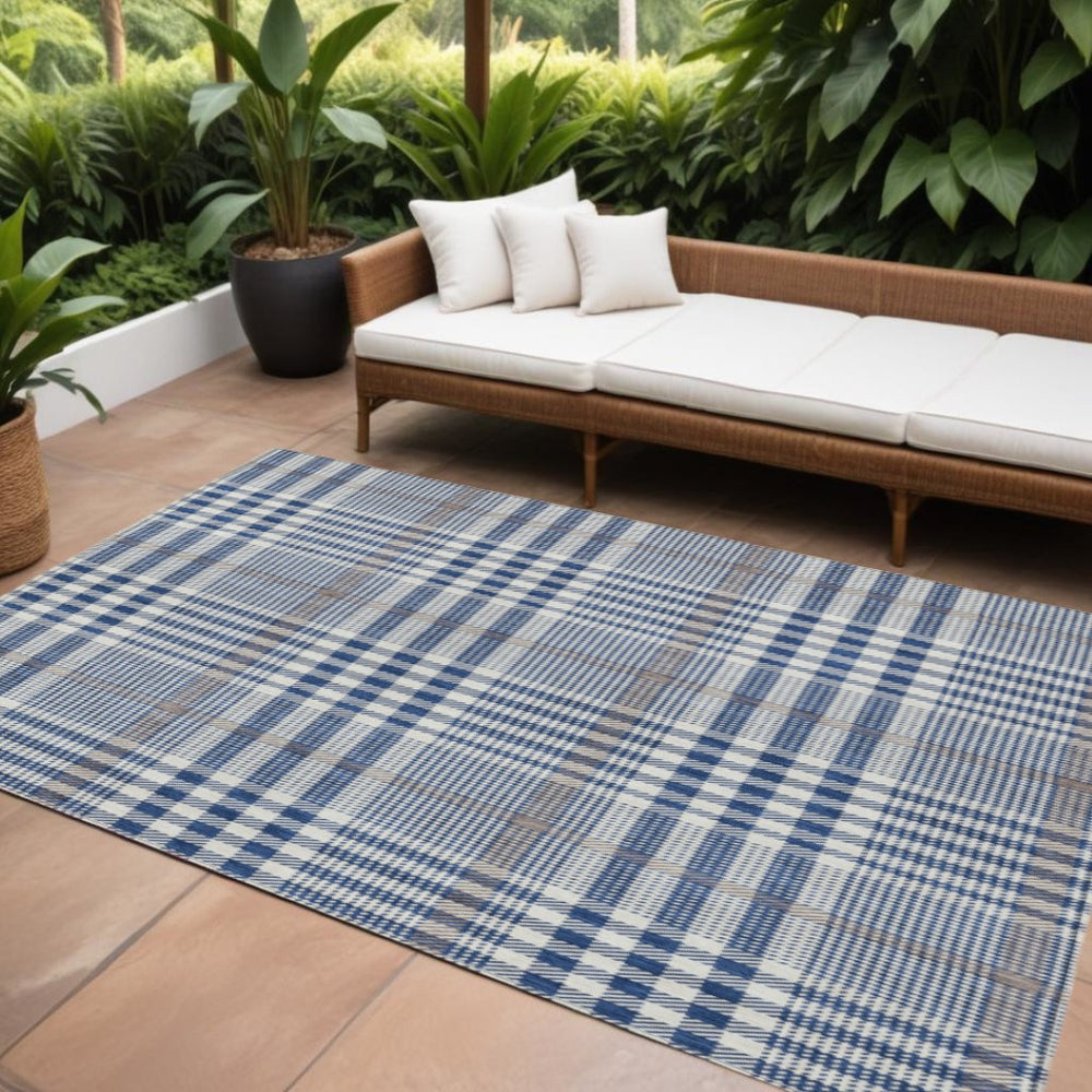 HomeRoots 9' X 12' Navy Blue, Ivory & Brown Plaid Area Rug - Washable, Durable, Versatile for Indoor/Outdoor Use 601492