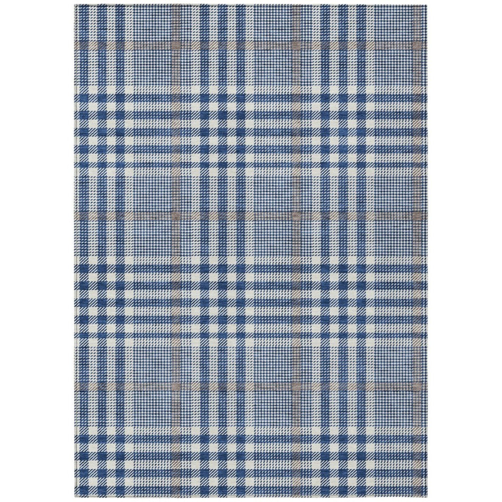 HomeRoots 9' X 12' Navy Blue, Ivory & Brown Plaid Area Rug - Washable, Durable, Versatile for Indoor/Outdoor Use 601492