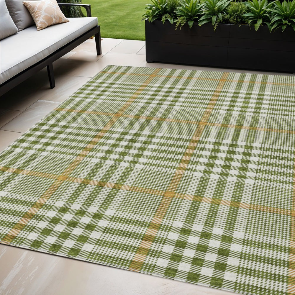 HomeRoots 5' Durable Olive Green Brown Ivory Plaid Area Rug – Washable, Stylish for Indoor & Outdoor Spaces 5' X 8' 601495