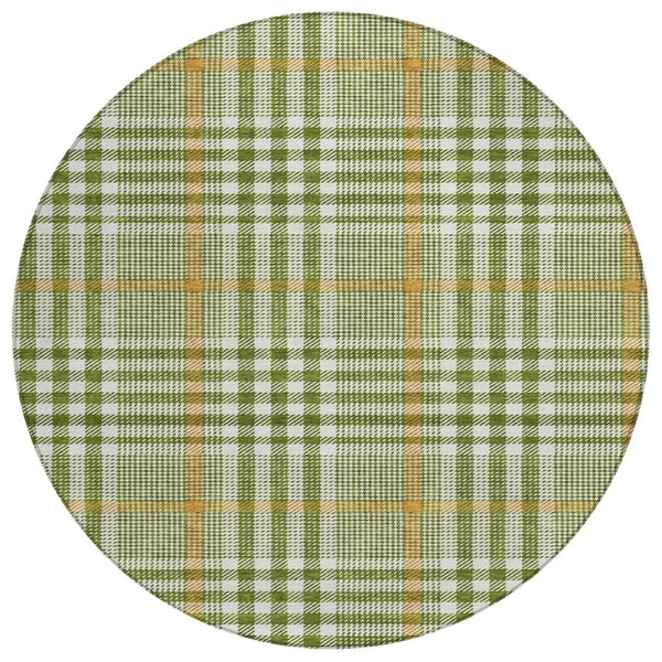 HomeRoots 5' Durable Olive Green Brown Ivory Plaid Area Rug – Washable, Stylish for Indoor & Outdoor Spaces 8' Round 601496