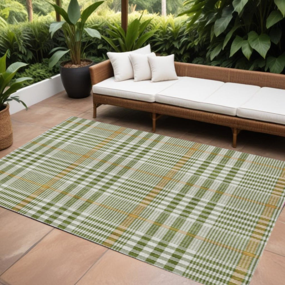 HomeRoots 9' X 12' Olive Green, Brown & Ivory Plaid Area Rug - Stylish, Durable, Washable for Indoor & Outdoor Use 601498