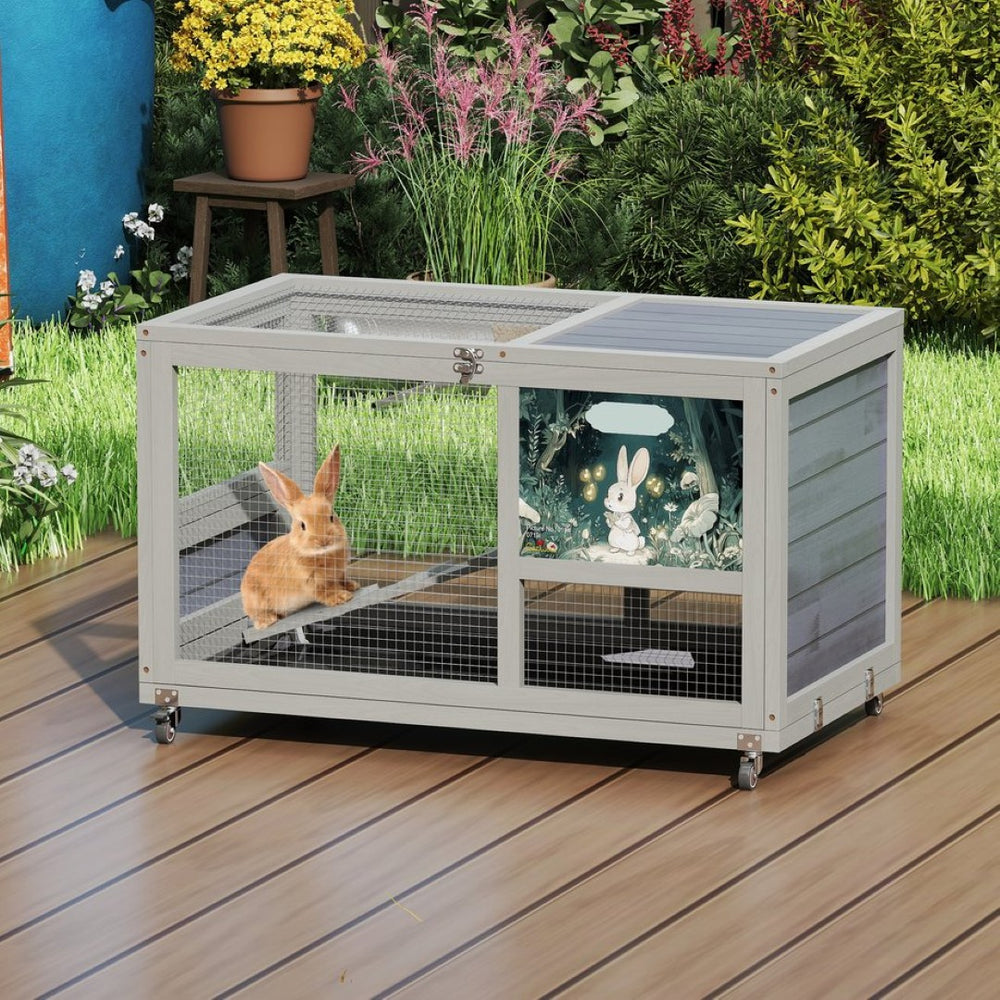English Elm 2-tier Pine Rabbit Hutch on Wheels with Ramp Removable Tray and Openable Roof W2181P356045