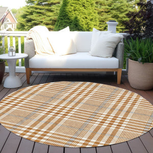 Homeroots 3' Stylish Black Gold & Ivory Plaid Washable Rug - Perfect For Indoor & Outdoor High Traffic Areas 8' Round Polyester 601502