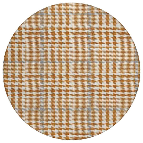 HomeRoots 5' Washable Brown Beige Plaid Area Rug for Indoor and Outdoor Spaces - Durable & Stylish Decor 8' Round 601502