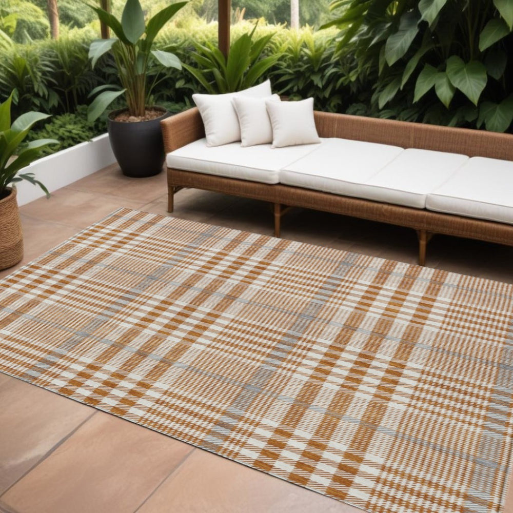 HomeRoots 5' Washable Brown Beige Plaid Area Rug for Indoor and Outdoor Spaces - Durable & Stylish Decor 8' X 10' 601503