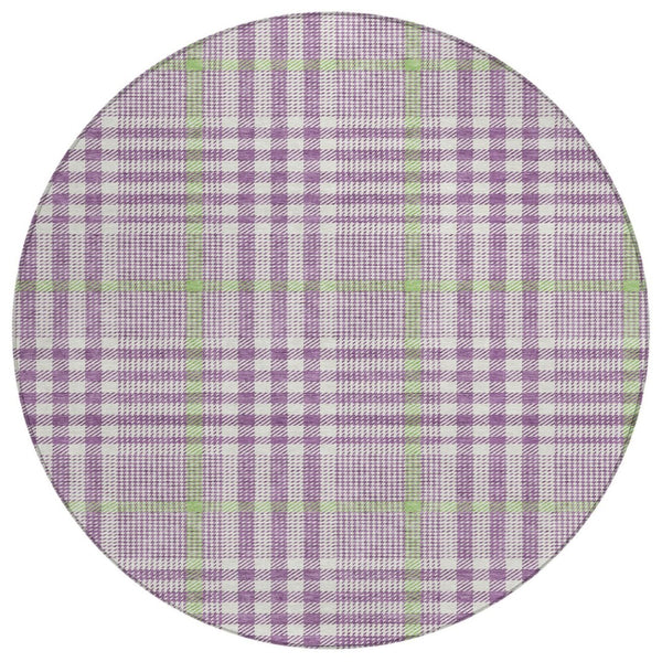 HomeRoots 5' Washable Indoor Outdoor Area Rug in Purple, Green, and Ivory Plaid - Durable, Stylish & Easy Care 8' Round 601508