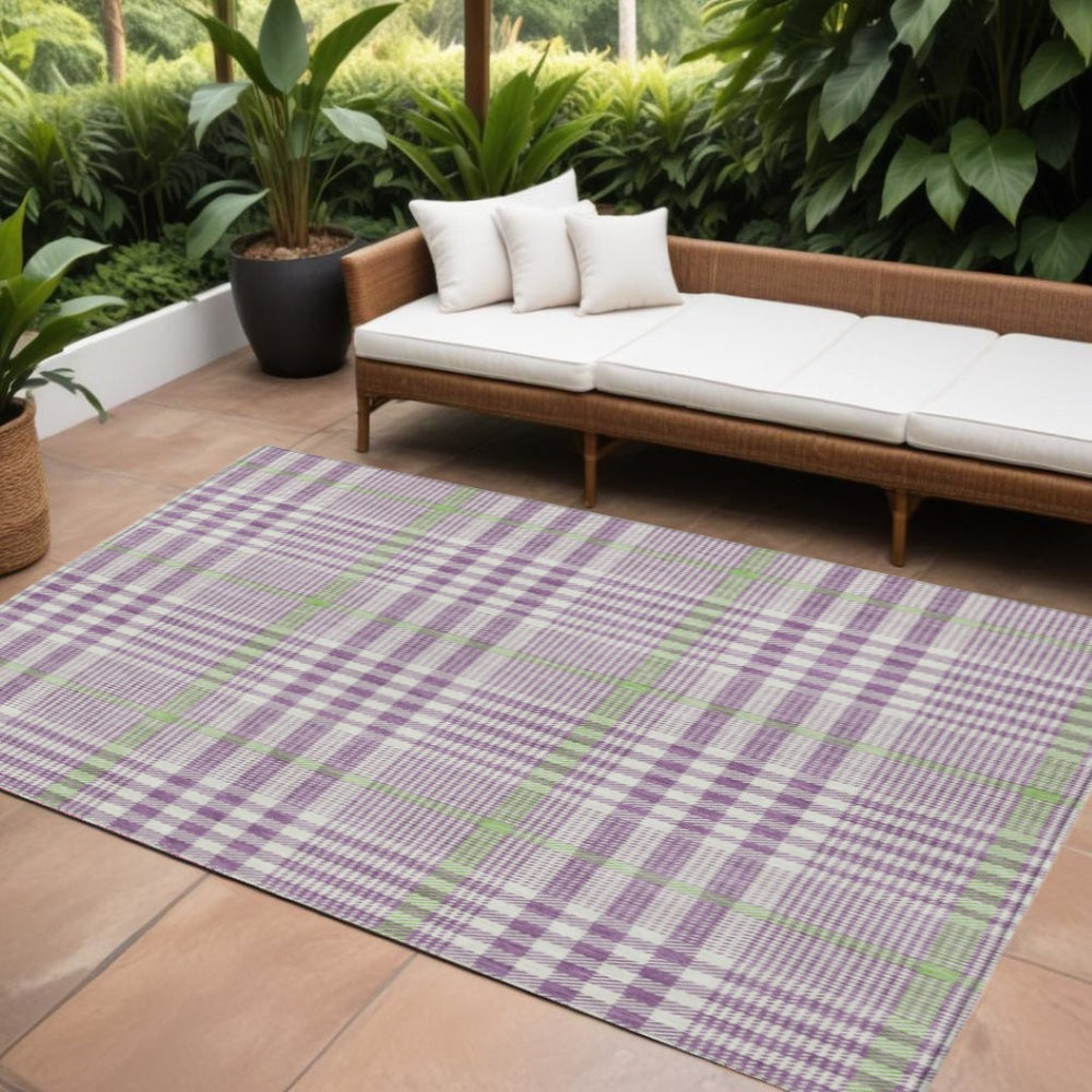 HomeRoots 5' Washable Indoor Outdoor Area Rug in Purple, Green, and Ivory Plaid - Durable, Stylish & Easy Care 8' X 10' 601509