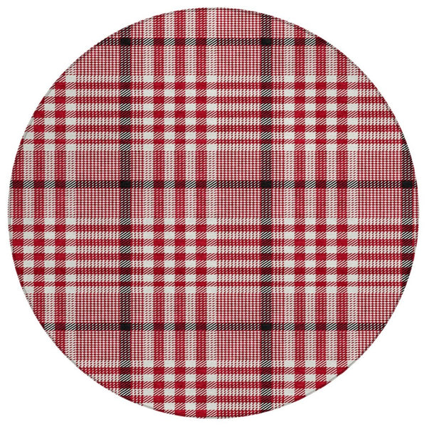 HomeRoots 5' Durable Plaid Area Rug in Red, Black, and Ivory - Perfect for Indoor and Outdoor Spaces! 8' Round 601514