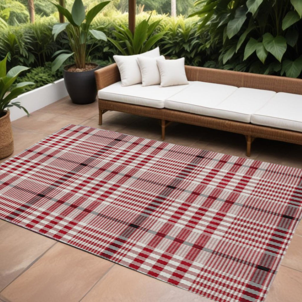 HomeRoots 9' X 12' Plaid Area Rug - Red, Black & Ivory, Washable for Indoor/Outdoor Use - Durable & Stylish! 601516