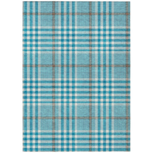 HomeRoots 5' Teal Blue Ivory Brown Plaid Washable Area Rug for Indoor Outdoor High-Traffic Versatile Spaces 5' X 8' 601519