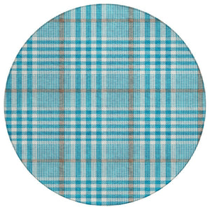 HomeRoots 5' Teal Blue Ivory Brown Plaid Washable Area Rug for Indoor Outdoor High-Traffic Versatile Spaces 8' Round 601520