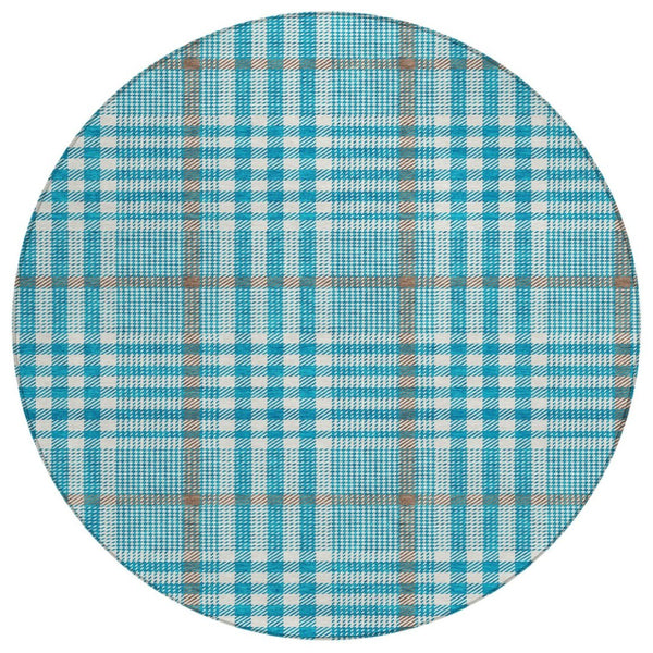 HomeRoots 5' Teal Blue Ivory Brown Plaid Washable Area Rug for Indoor Outdoor High-Traffic Versatile Spaces 8' Round 601520