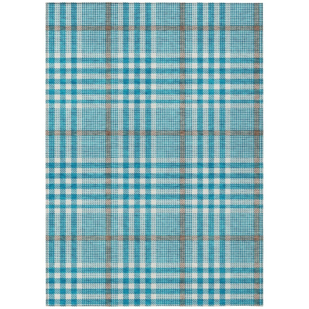 HomeRoots 5' Teal Blue Ivory Brown Plaid Washable Area Rug for Indoor Outdoor High-Traffic Versatile Spaces 8' X 10' 601521