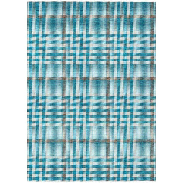 HomeRoots 5' Teal Blue Ivory Brown Plaid Washable Area Rug for Indoor Outdoor High-Traffic Versatile Spaces 10' X 14' 601523