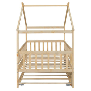 English Elm Twin House Bed with Trundle Solid Pine Frame Walnut Kids Bedroom Sleepover N708P357115N