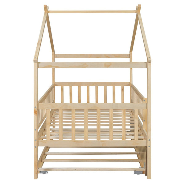 English Elm Twin House Bed with Trundle Solid Pine Frame Walnut Kids Bedroom Sleepover N708P357115N