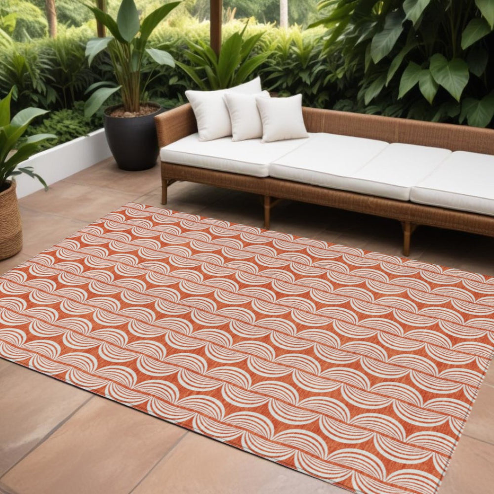 HomeRoots 9' Coral and Beige Ogee Area Rug - Washable, Durable, Indoor/Outdoor Design for High-Traffic Spaces 601546