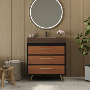 English Elm Modern Freestanding Vanity with Ceramic Vessel Sink and Gold Leg Sintered Stone Top W3136S00051