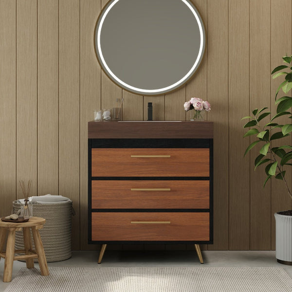 English Elm Modern Freestanding Vanity with Ceramic Vessel Sink and Gold Leg Sintered Stone Top W3136S00051