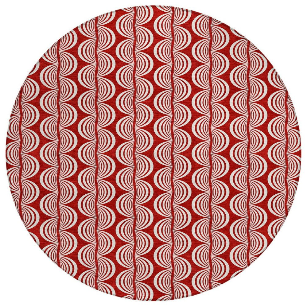 HomeRoots 5' Red and Ivory Ogee Area Rug - Stylish, Durable, and Washable for Indoor or Outdoor Use 8' Round 601604