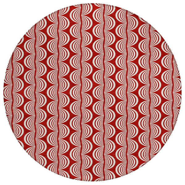 HomeRoots 5' Red and Ivory Ogee Area Rug - Stylish, Durable, and Washable for Indoor or Outdoor Use 8' Round 601604