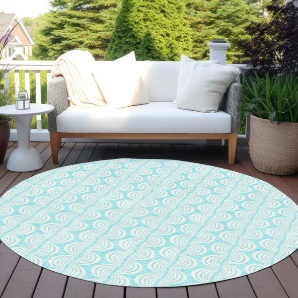 Homeroots 3' Aqua And Beige Ogee Washable Indoor Outdoor Area Rug - Durable, Stylish, And Easy To Maintain 8' Round Polyester 601610