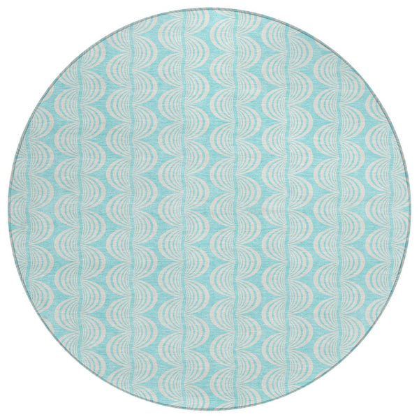 HomeRoots 5' Aqua and Beige Ogee Area Rug - Durable, Washable Design for Indoor and Outdoor Use, Coastal Charm 8' Round 601610