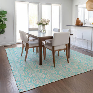 Homeroots 3' Aqua And Beige Ogee Washable Indoor Outdoor Area Rug - Durable, Stylish, And Easy To Maintain 8' X 10' Polyester 601611
