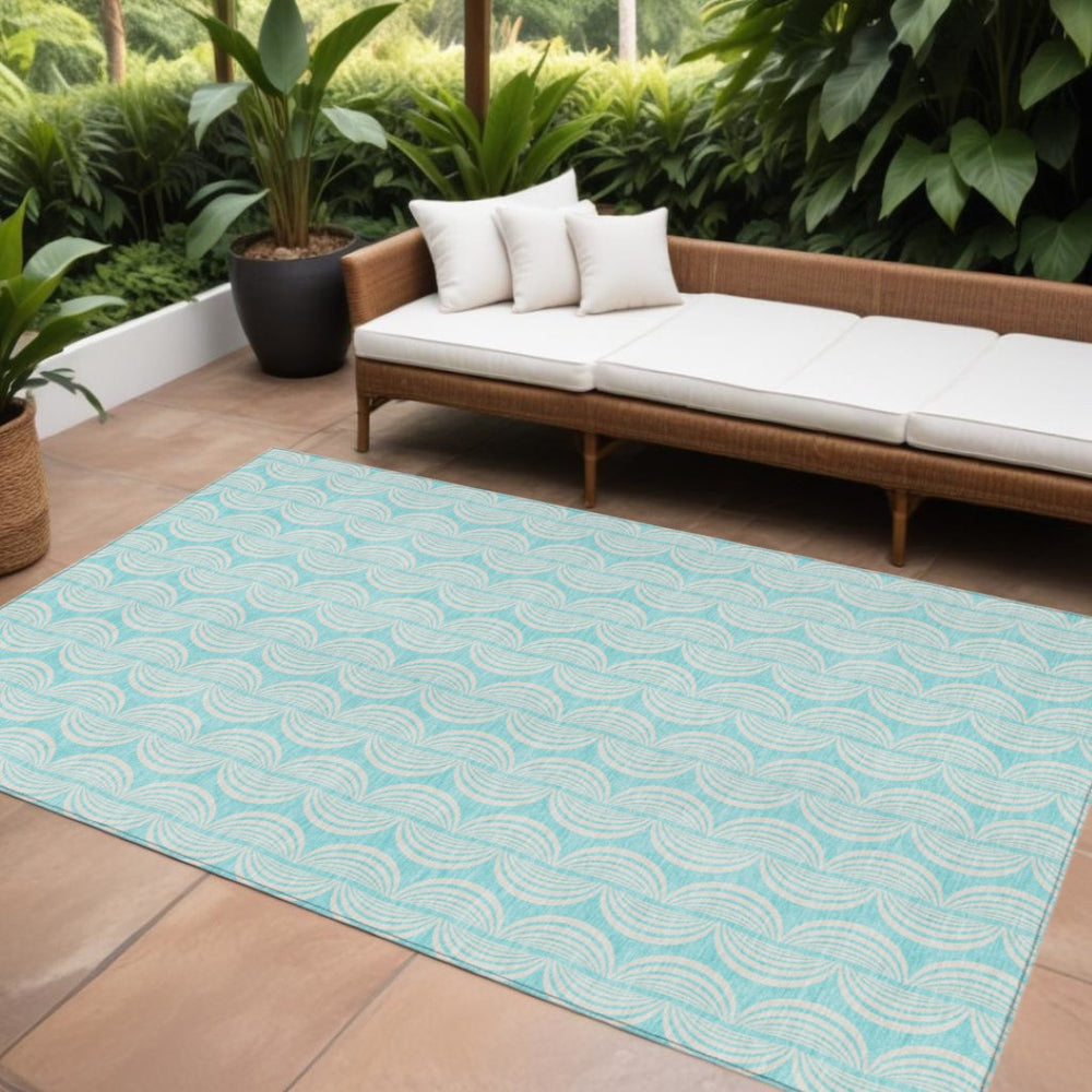 HomeRoots 9' Aqua and Beige Ogee Washable Area Rug - Durable Indoor/Outdoor Design for Coastal Elegance 601612
